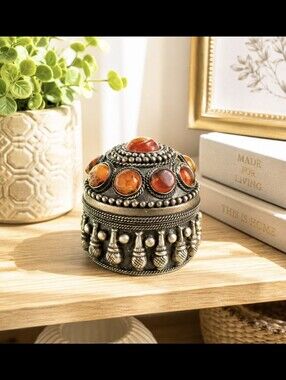 Vintage Silver Patina  Ornate Trinket Box with Amber Stones Gift Christmas